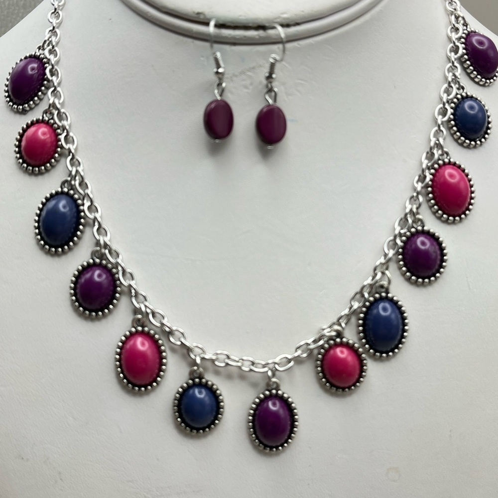 Elegant Silver Necklace and Earring Set with Purple and Pink Accents